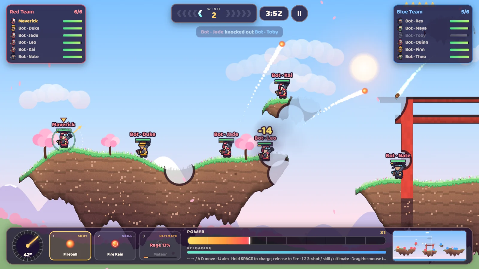 Screenshot of a 6 vs 6 Free Battle on the Sakura Grove map: the Red and Blue teams fire at the same time, with both team rosters, the match timer and the knockout feed