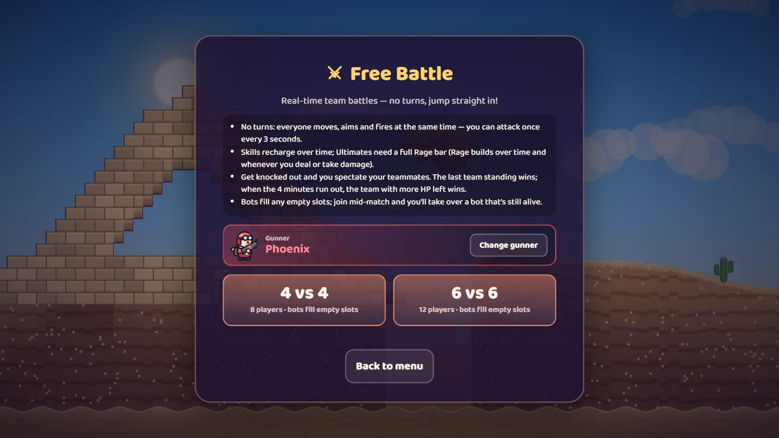 Free Battle screen: the rules, the selected gunner and the 4 vs 4 / 6 vs 6 buttons