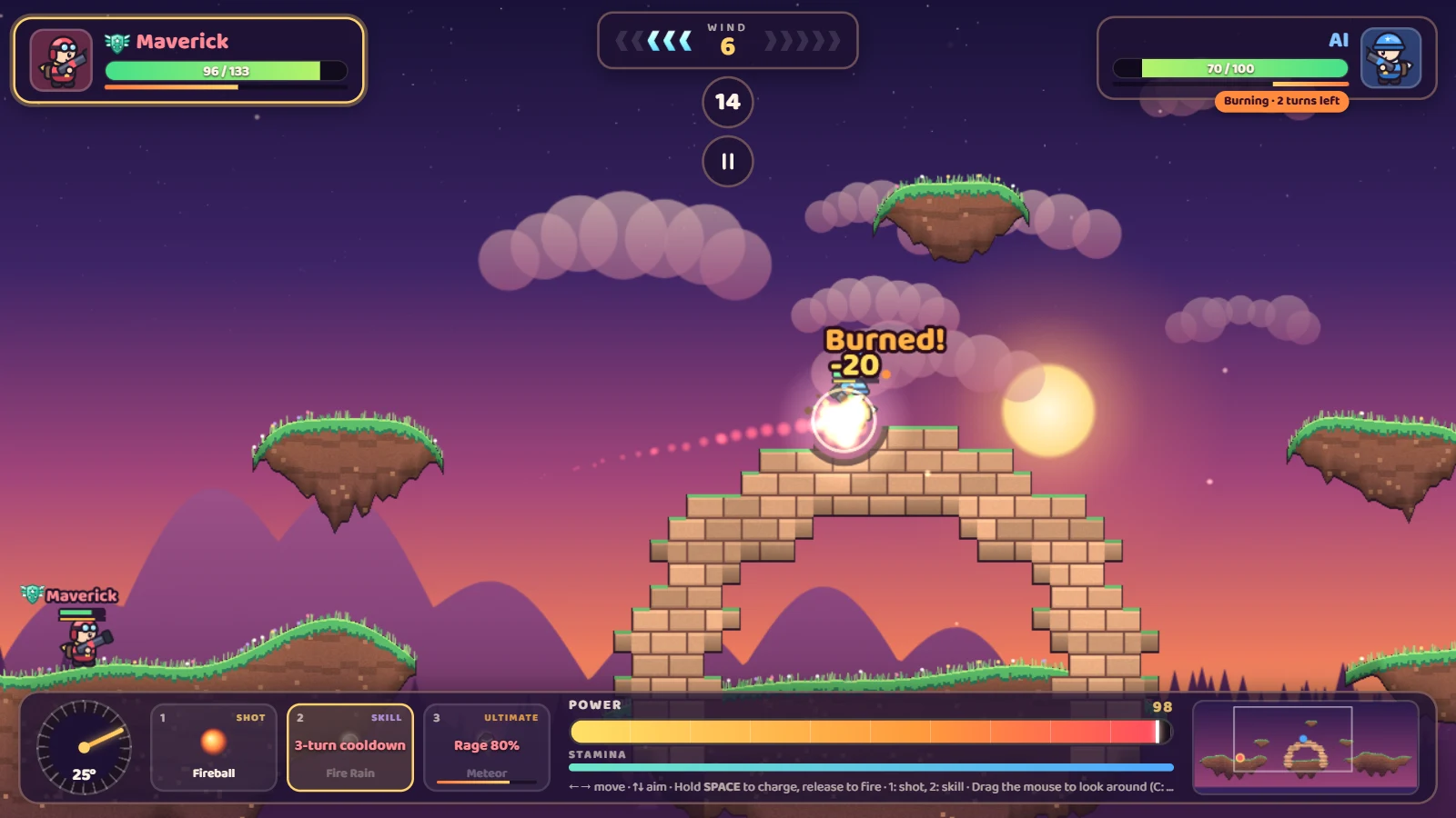 Vs AI battle screenshot: a Fire Rain hit lands on the AI and sets it burning