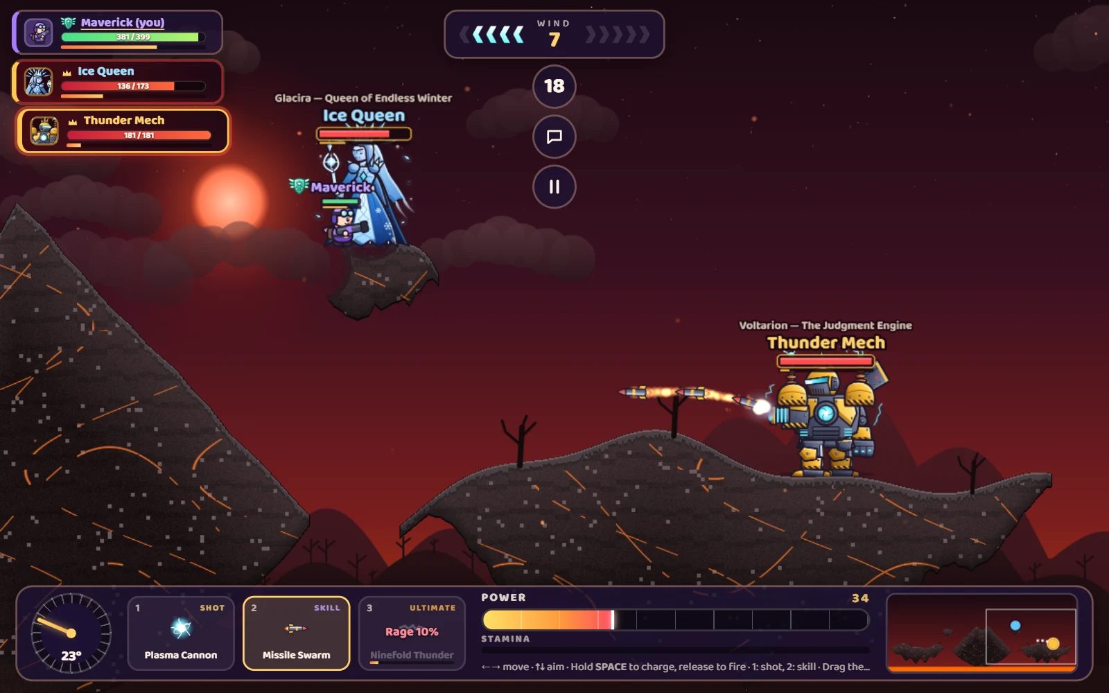 Boss Hunt screenshot on the Volcano map: the Thunder Mech launches a Missile Swarm while the Ice Queen stands on a rocky island