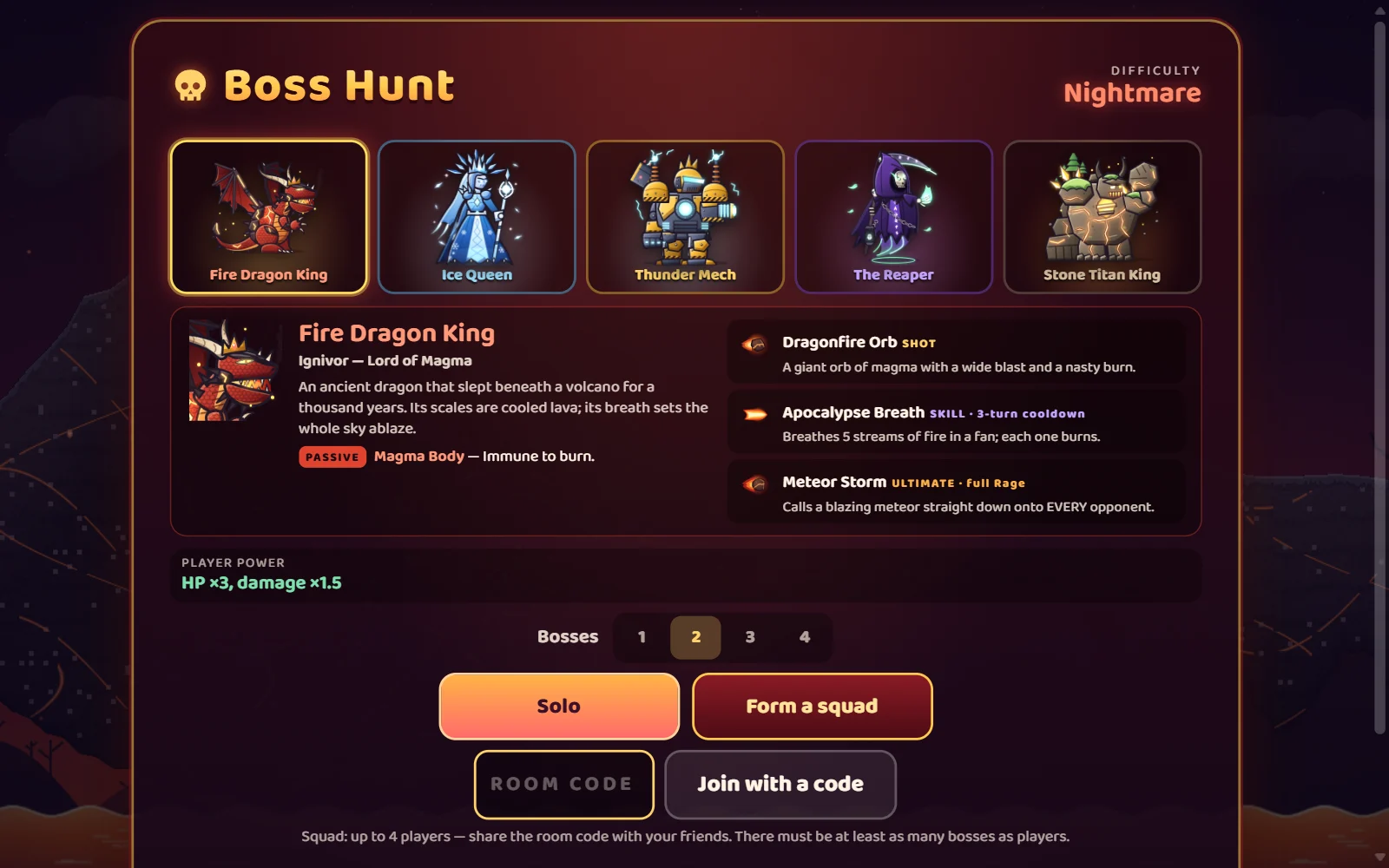 Boss Hunt screen: 5 bosses, details for the Fire Dragon King, the boss-count picker and the Solo / Form a squad buttons