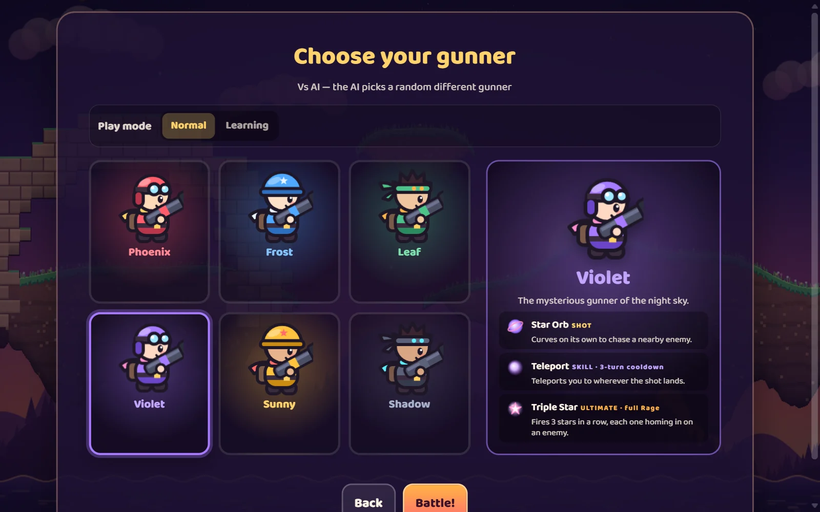 Gunner select screen: 6 gunners, showing Violet with Star Orb, Teleport and Triple Star