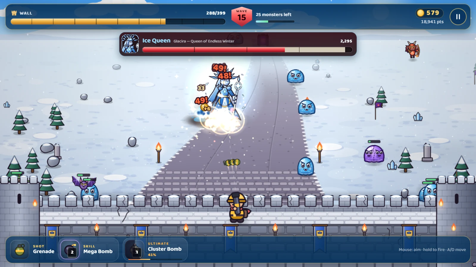 Tower Defense screenshot at wave 15: the Ice Queen boss and a horde of monsters advance on a snow-covered wall