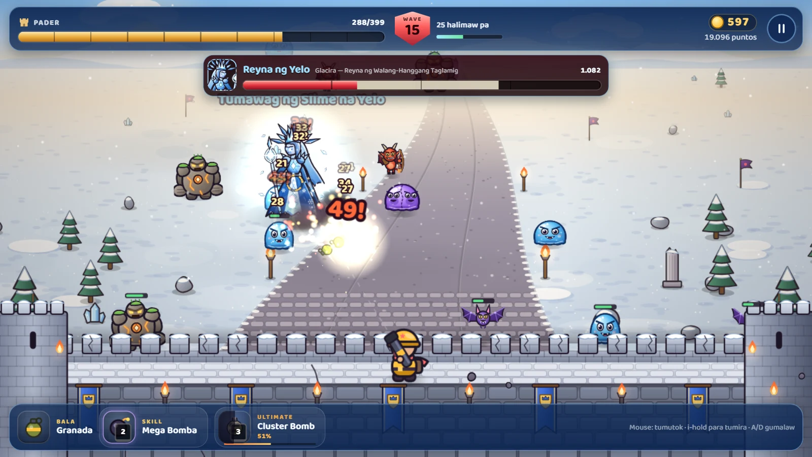 Screenshot ng Tower Defense sa wave 15: si Reyna ng Yelo at mga halimaw na papunta sa maniyebeng pader