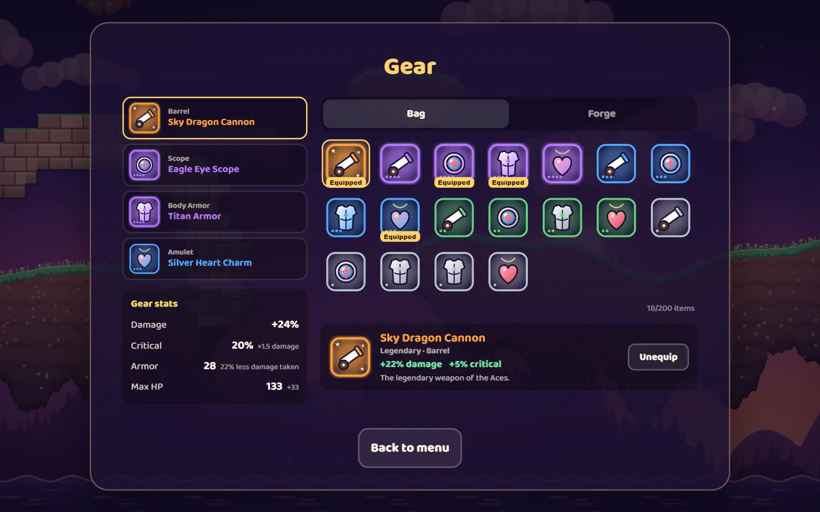 Gear screen: 4 equipped slots, a bag of items across several tiers and the stats of a Legendary barrel