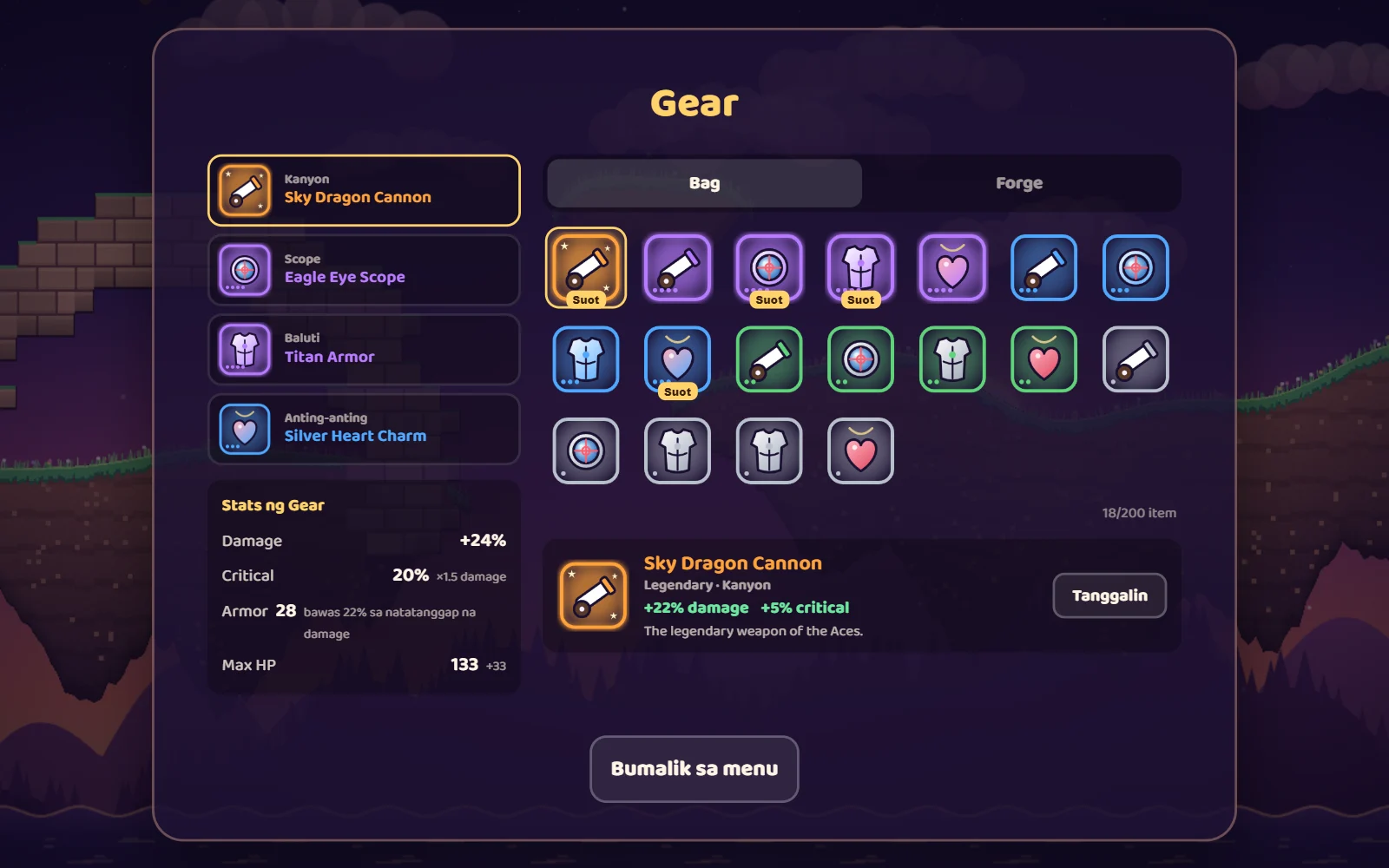 Screenshot ng Gear screen: 4 na suot na item, bag na may iba’t ibang tier at stats ng isang Legendary na kanyon