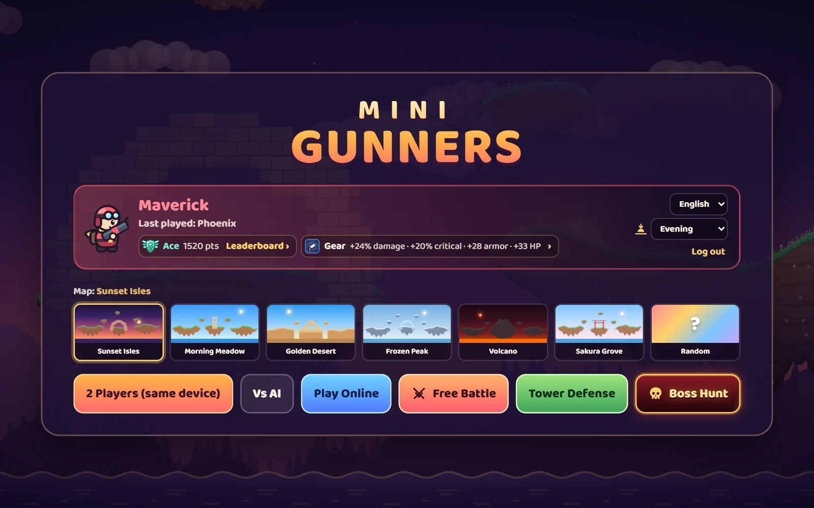 Main menu screenshot: a player profile with the Ace rank, gear stats, 6 maps and the game mode buttons