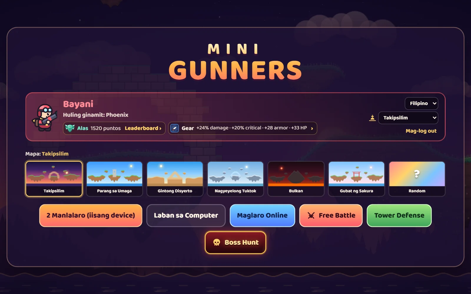Screenshot ng main menu: profile na may ranggong Alas, stats ng gear, 6 na mapa at mga button ng game mode