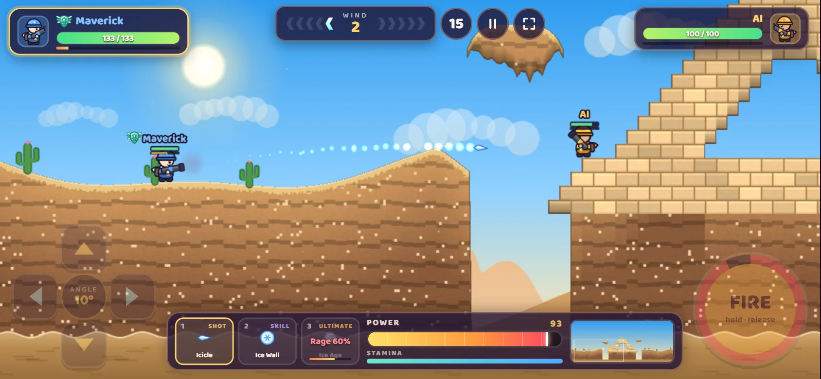 Mobile screenshot in landscape: Frost fires an Icicle on the Golden Desert map, with the movement pad and FIRE button