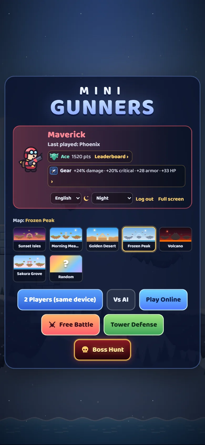 Mobile screenshot in portrait: the main menu with the player profile, map picker and game modes