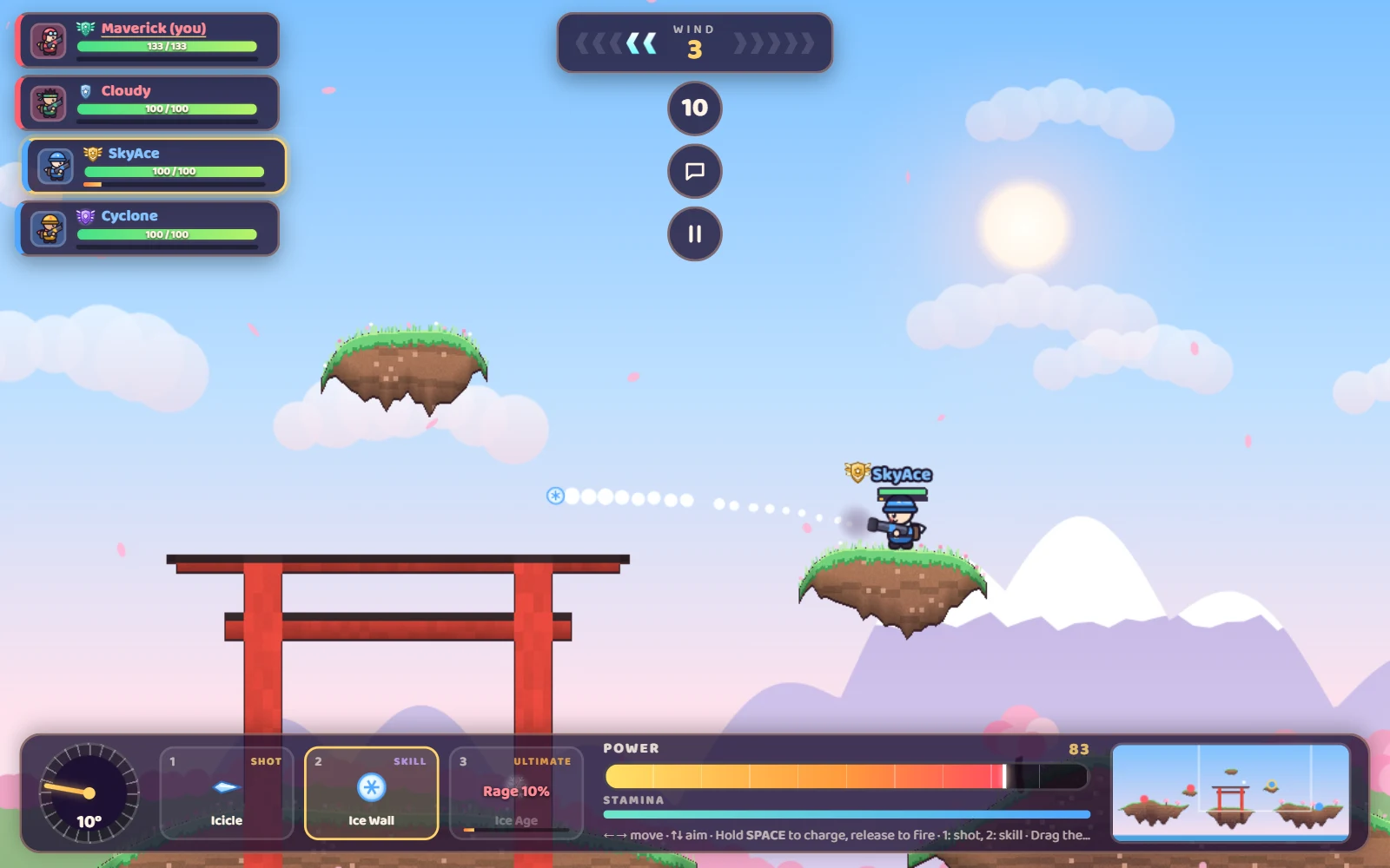 Screenshot of a 4-player online match on the Sakura Grove map: SkyAce fires an Icicle past the torii gate