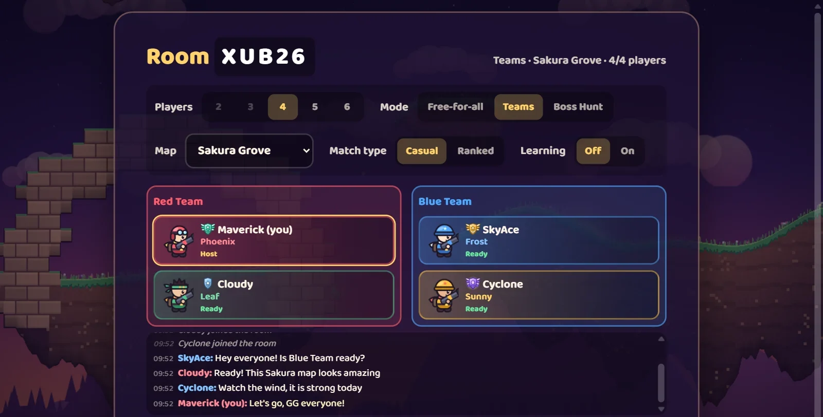 Online lobby screenshot: Red and Blue teams, 4 players ready and the room chat