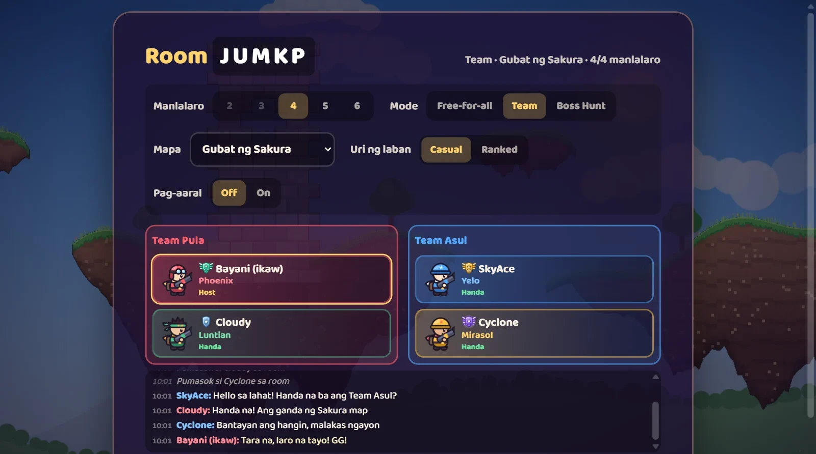 Screenshot ng online room: Team Pula at Team Asul, 4 na manlalarong handa na at chat ng room