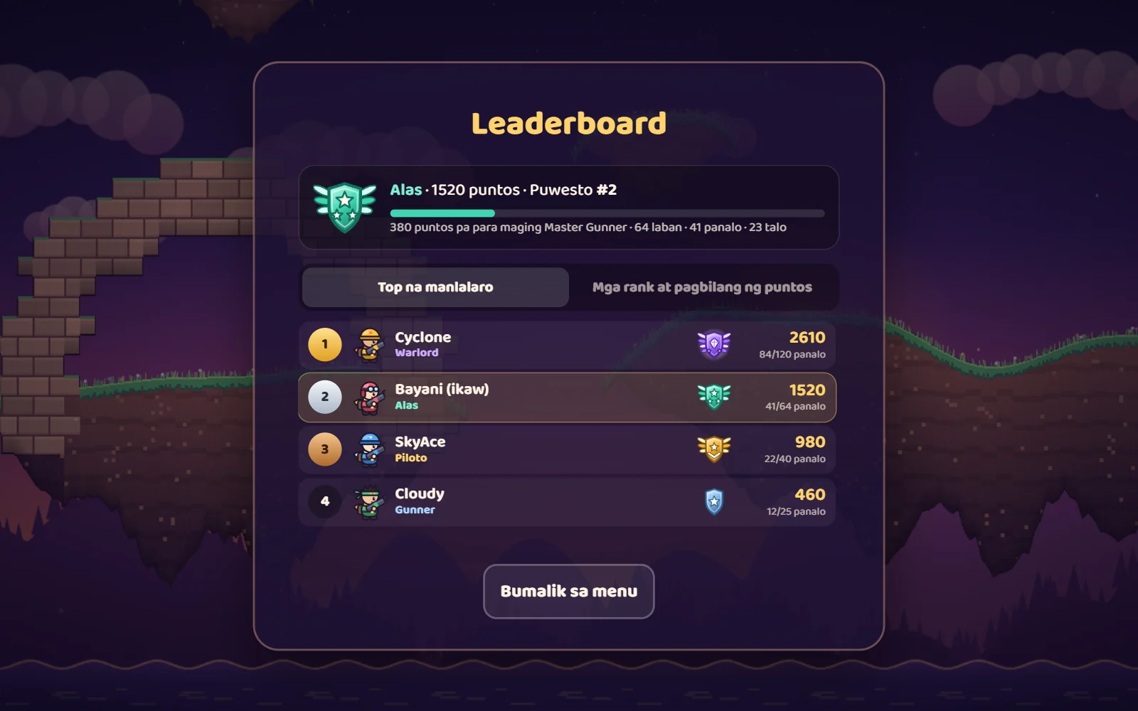 Screenshot ng leaderboard: puwesto, rank points, badge at mga panalo ng bawat manlalaro